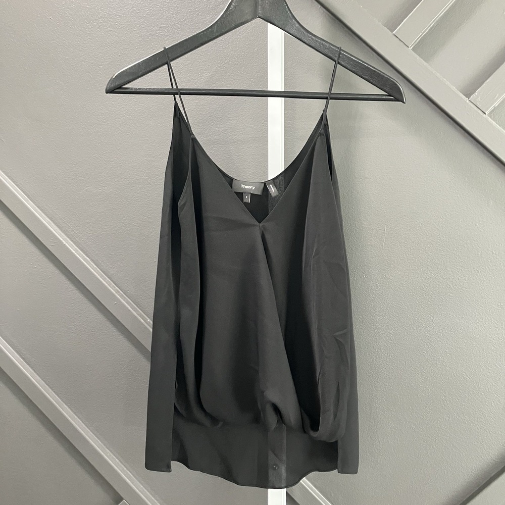Theory P XS 100% Silk Black Draped V Neck Spaghetti Strap Camisole Top